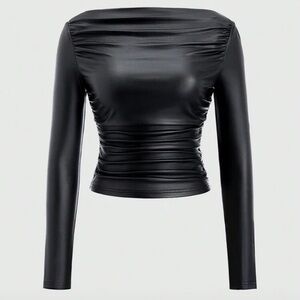 Sweetra Women's Form-Fitting Off Shoulder PU Leather Long Sleeve